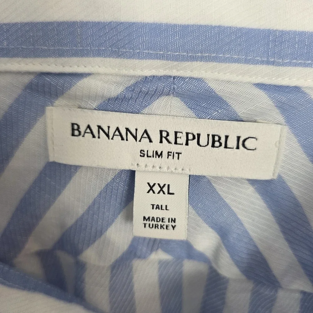 Banana Republic Blue White Striped Linen Blend Button Up Slim Fit Shirt 2XL Tall